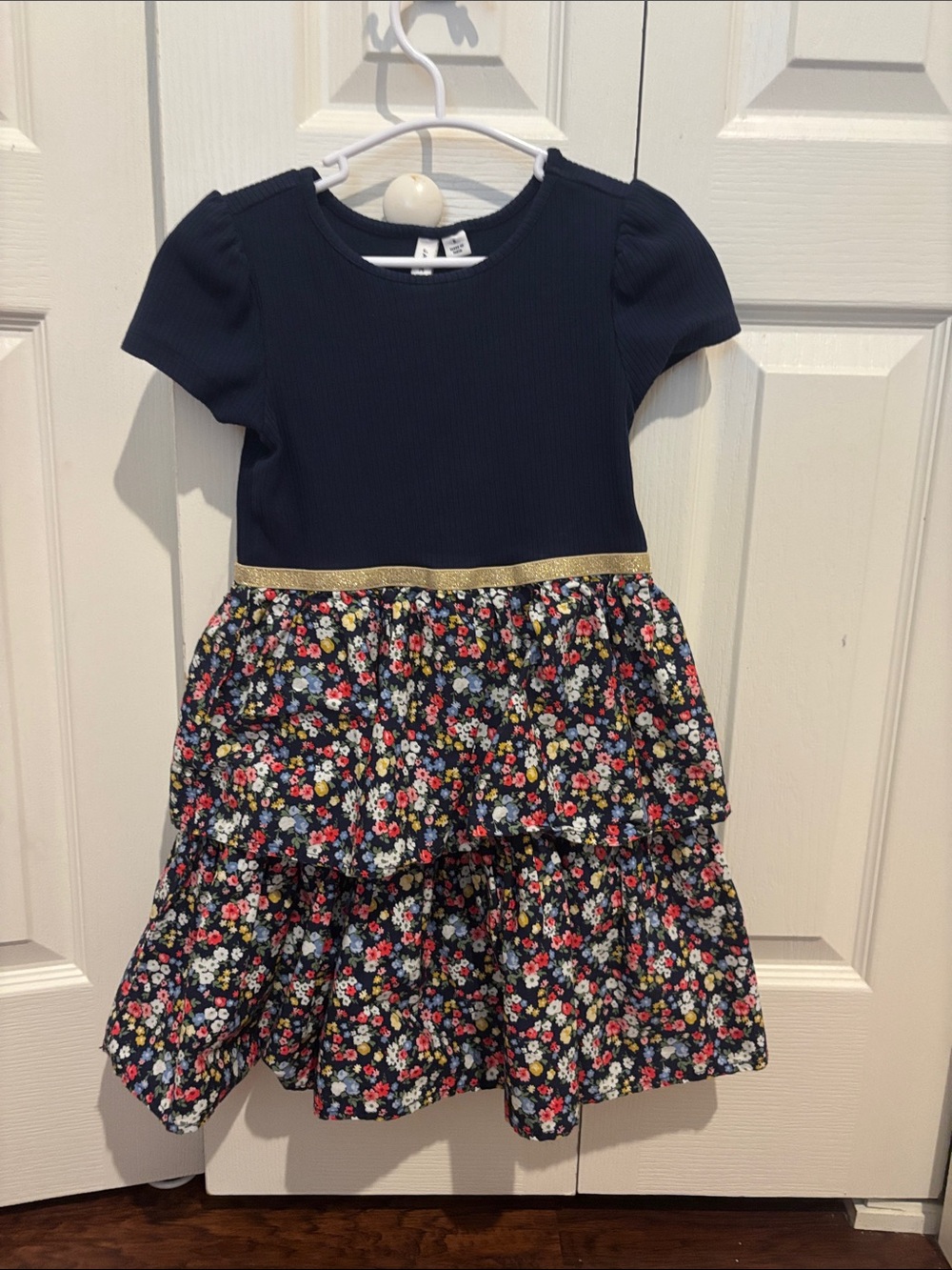 Janie and Jack Navy Floral Tiered Dress with Gold Trim